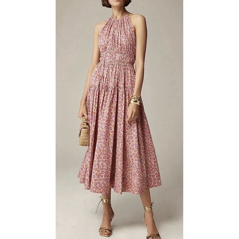 J.Crew Liberty Tie-waist Halter Midi Ellie Ruth Pink Cotton Dress Sz S Smocked